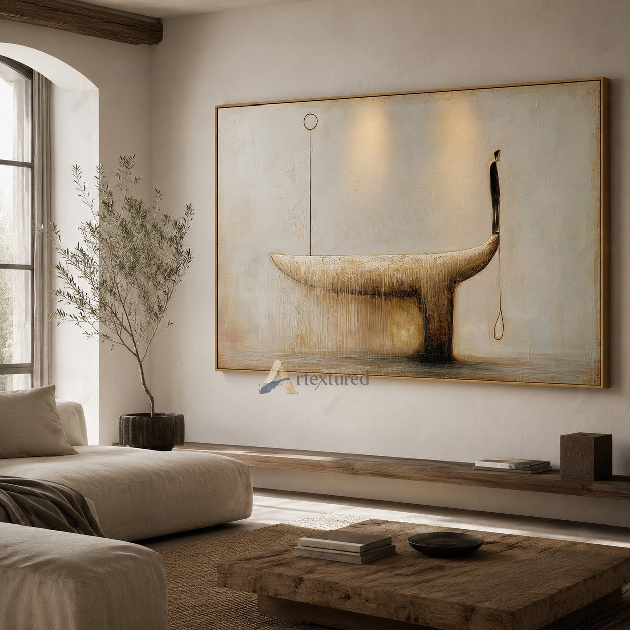 Minimalist Golden Boat Wall Art – Hand-Painted Neutral Abstract Canvas#wp261012