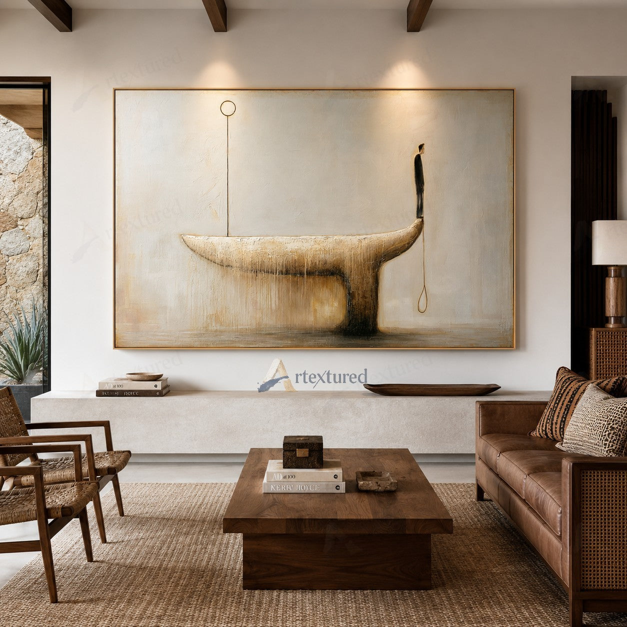 Minimalist Golden Boat Wall Art – Hand-Painted Neutral Abstract Canvas#wp261012