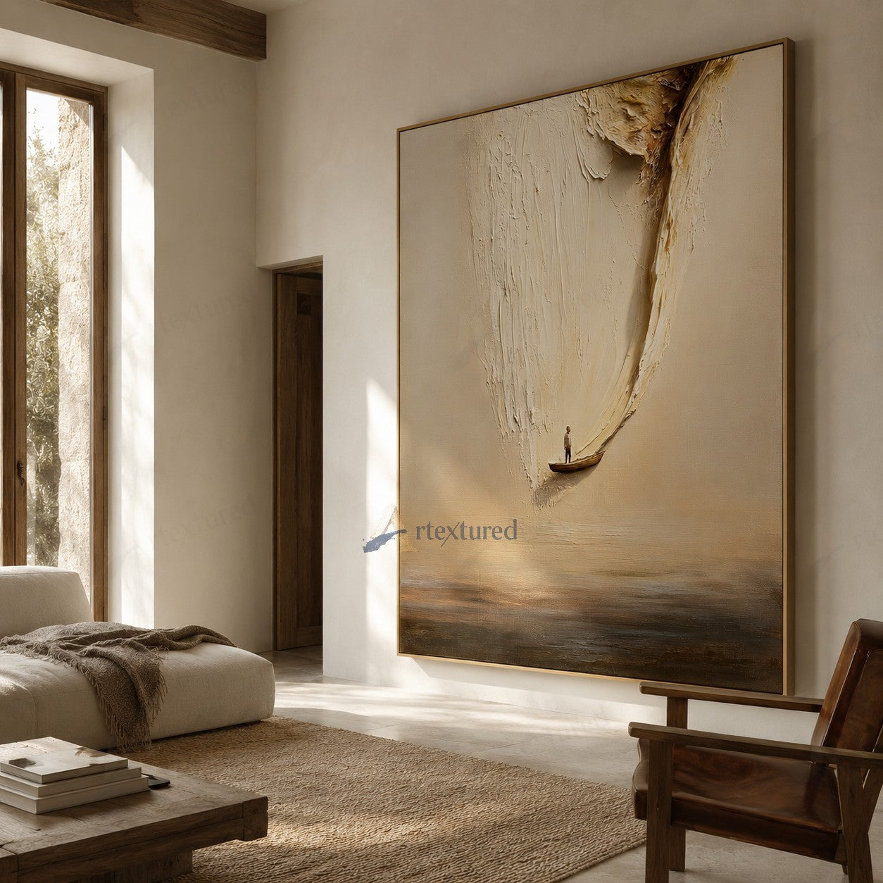 Minimalist Boat Light Wall Art – Hand-Painted Neutral Abstract Canvas#wp261018