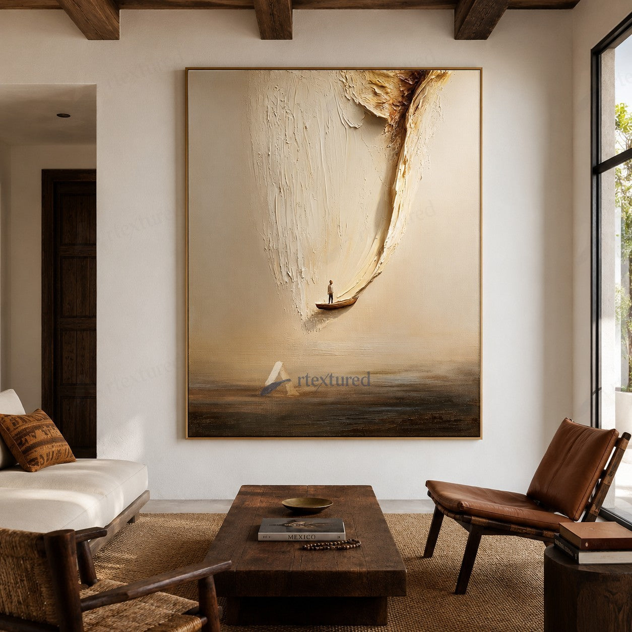 Minimalist Boat Light Wall Art – Hand-Painted Neutral Abstract Canvas#wp261018