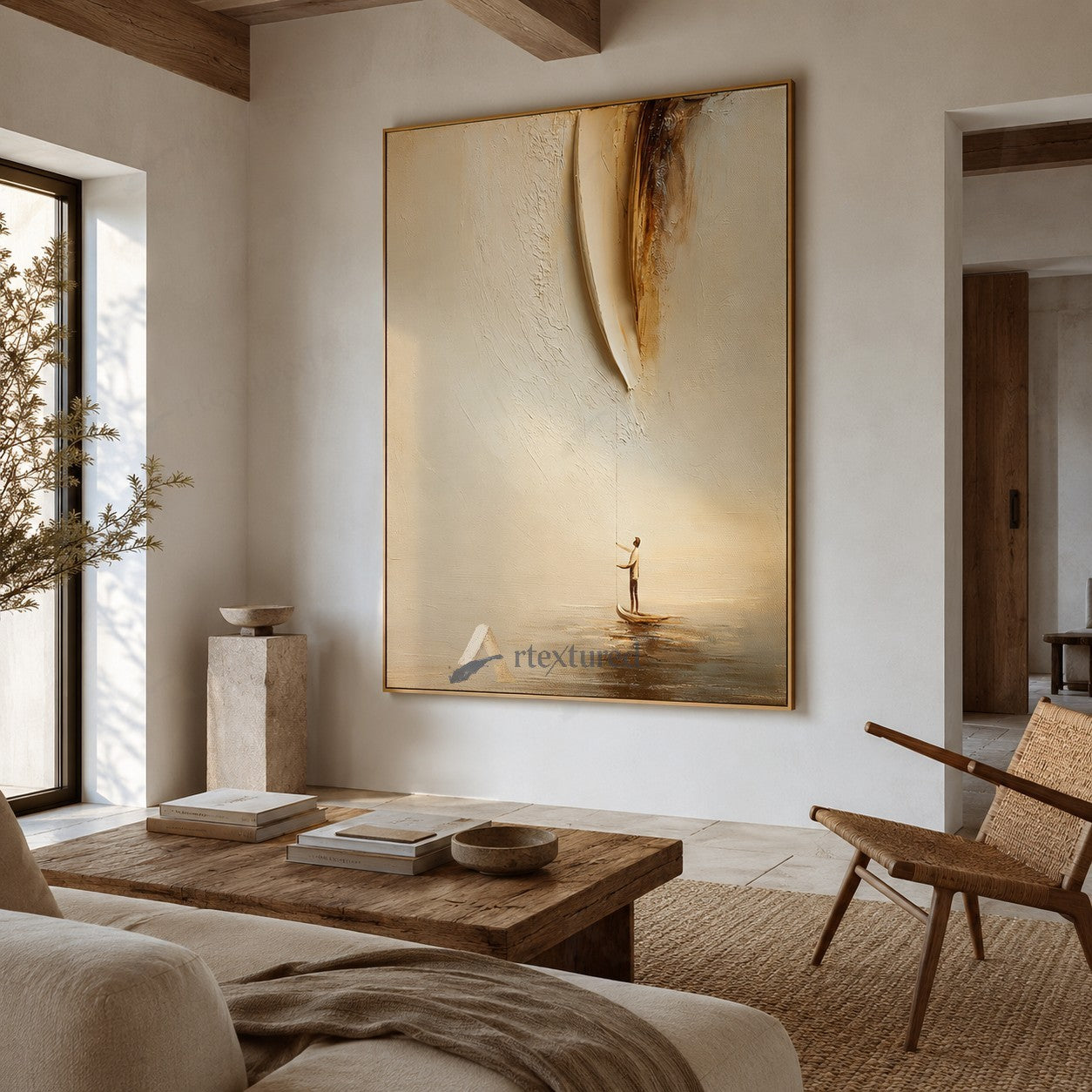 Minimalist Boat Reflection Wall Art – Hand-Painted Neutral Abstract Canvas#wp261021