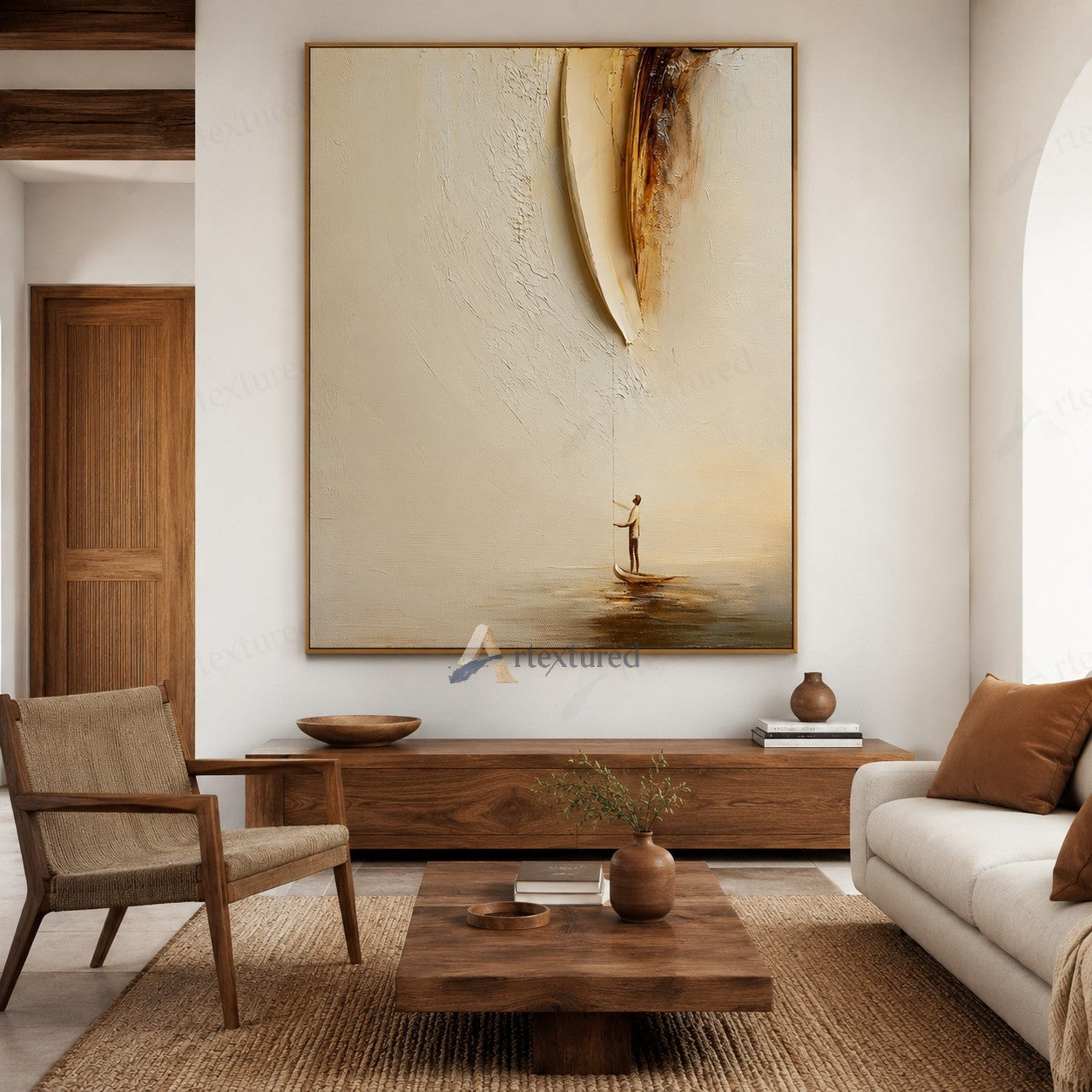 Minimalist Boat Reflection Wall Art – Hand-Painted Neutral Abstract Canvas#wp261021