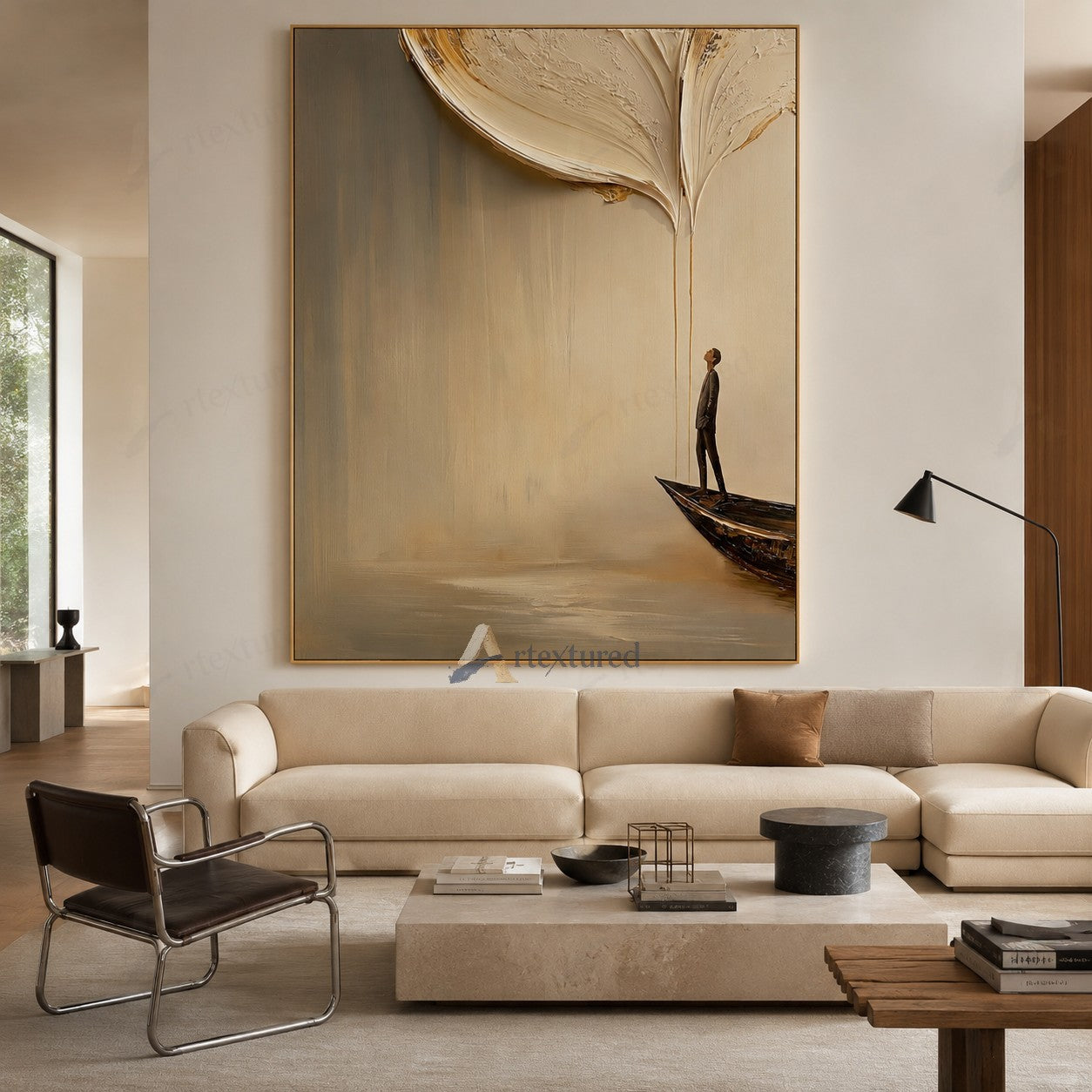 Minimalist Boat Figure Wall Art – Hand-Painted Neutral Abstract Canvas#wp261023