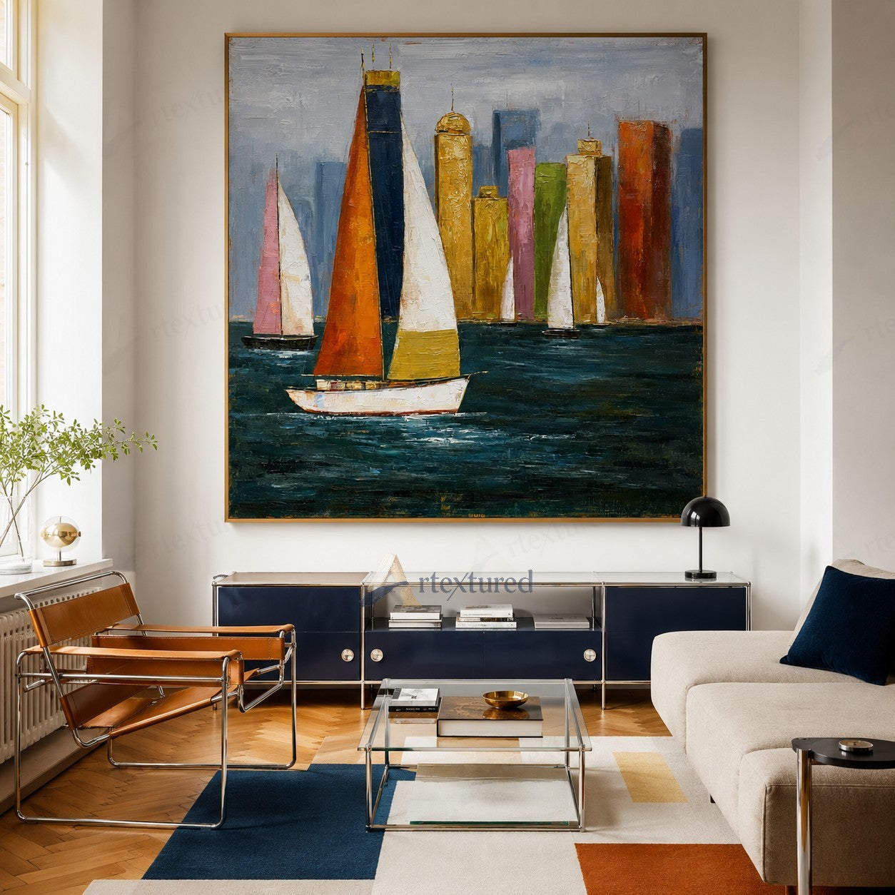 Colorful Sailboat City Wall Art – Hand-Painted Coastal Canvas#wp261059