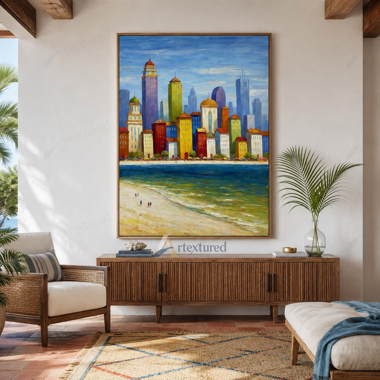 Colorful Coastal City Wall Art – Hand-Painted Skyline Canvas#wp261061