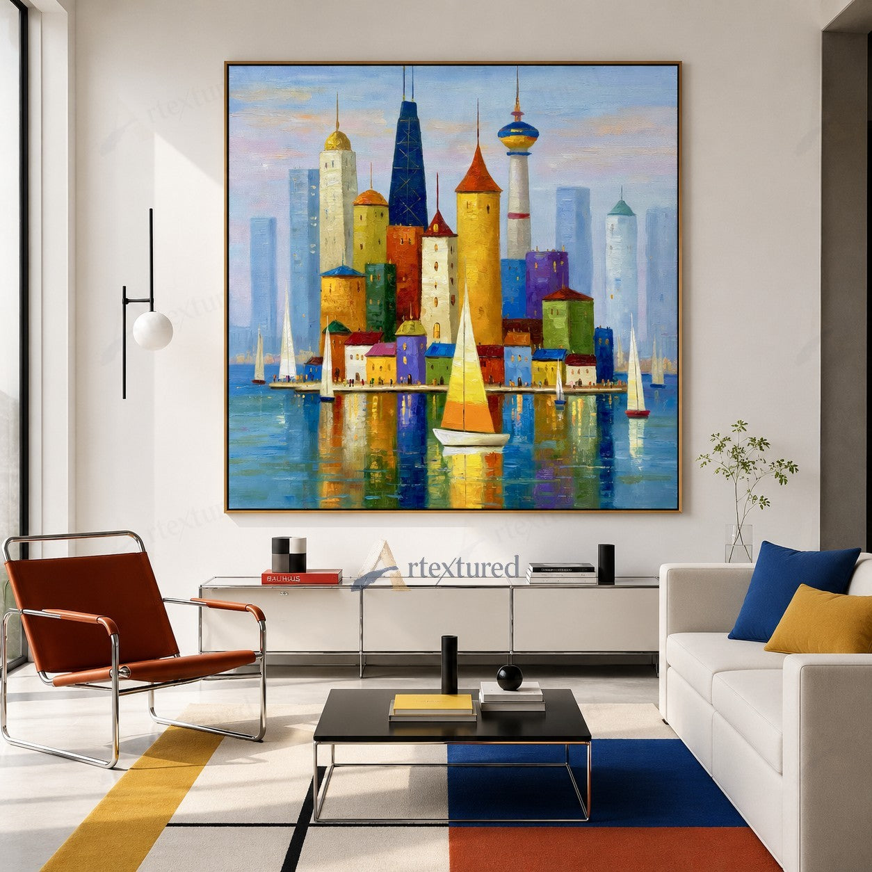 Colorful Harbor Skyline Wall Art – Hand-Painted Sailboat Canvas#wp261064