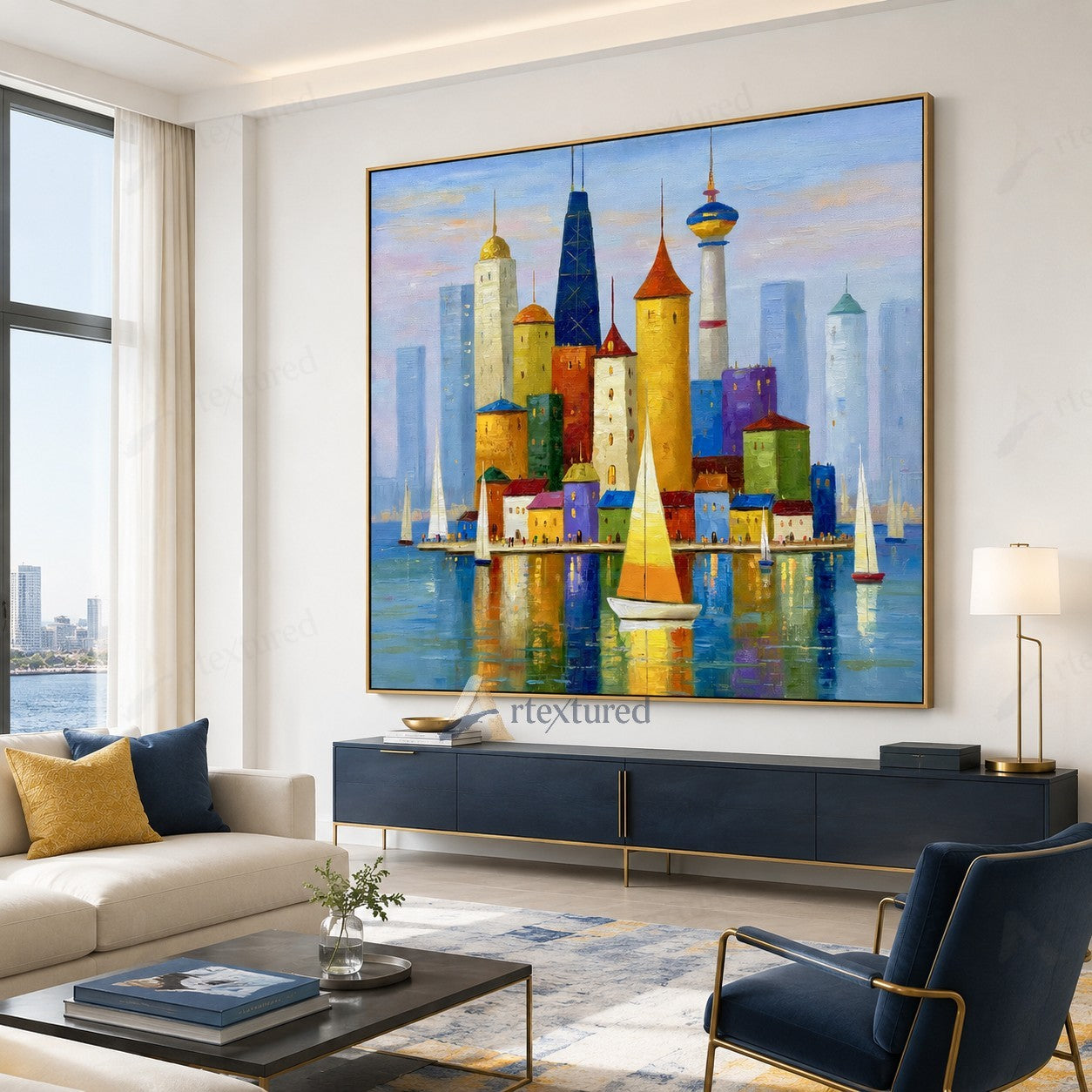 Colorful Harbor Skyline Wall Art – Hand-Painted Sailboat Canvas#wp261064