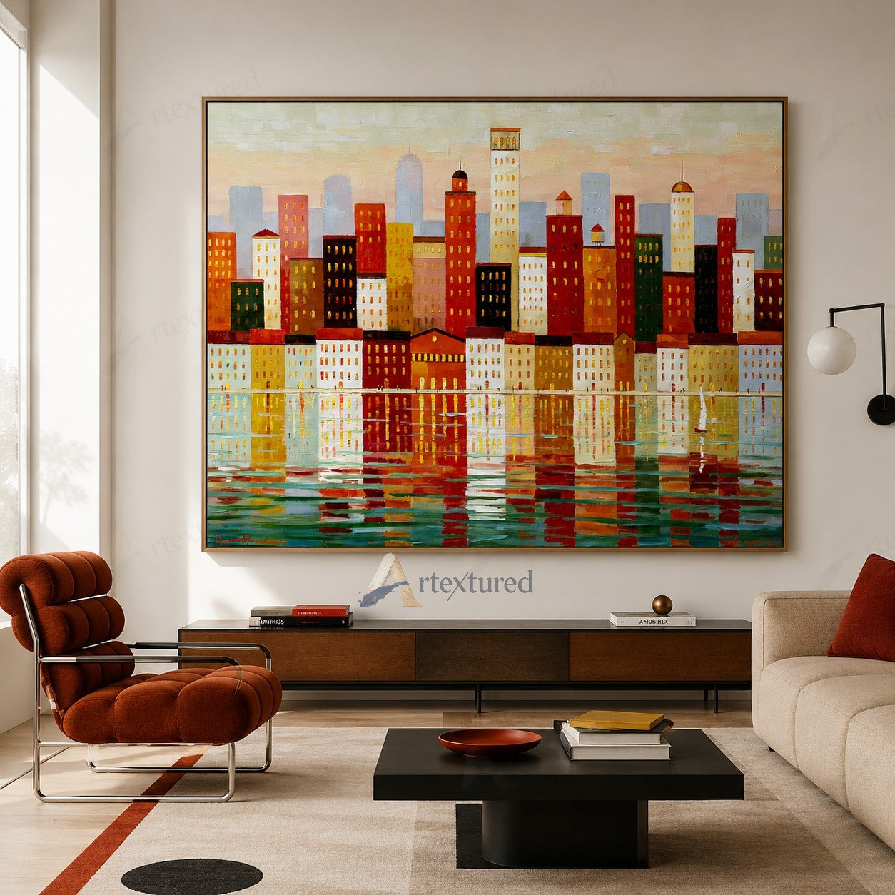 Colorful Waterfront Skyline Wall Art – Hand-Painted Cityscape Canvas#wp261067