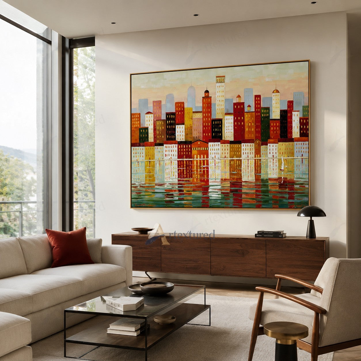 Colorful Waterfront Skyline Wall Art – Hand-Painted Cityscape Canvas#wp261067