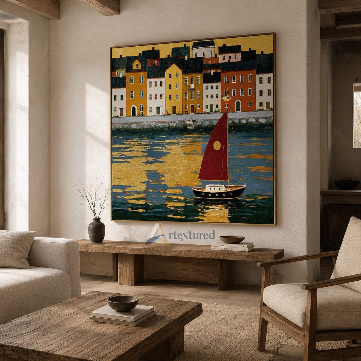 Red Sailboat Harbor Wall Art – Hand-Painted Coastal City Canvas#wp261068