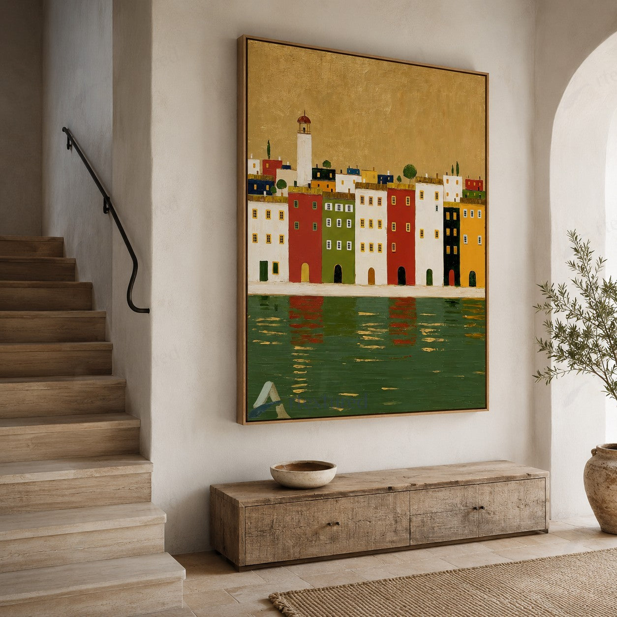 Golden Waterfront Village Wall Art – Hand-Painted Coastal Canvas#wp261074