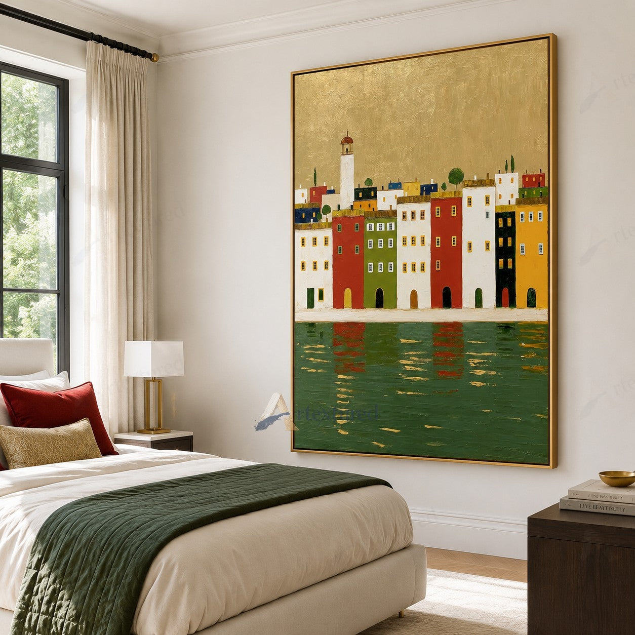 Golden Waterfront Village Wall Art – Hand-Painted Coastal Canvas#wp261074