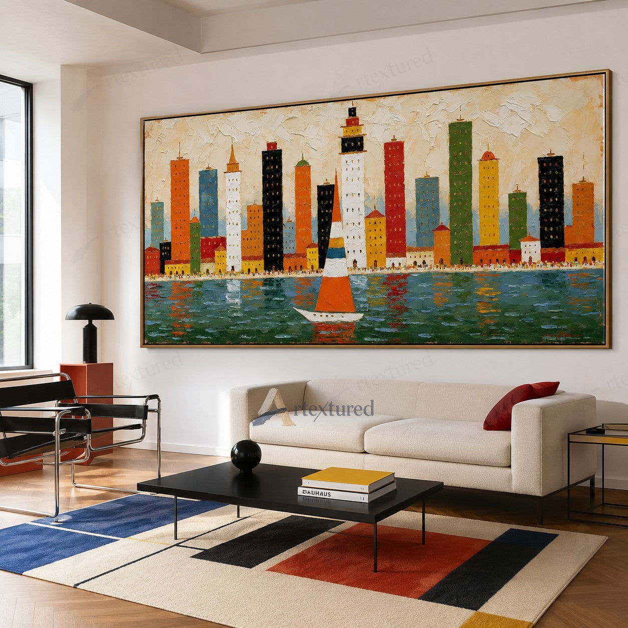 Colorful Skyline Sailboat Wall Art – Hand-Painted Panoramic Canvas#wp261078