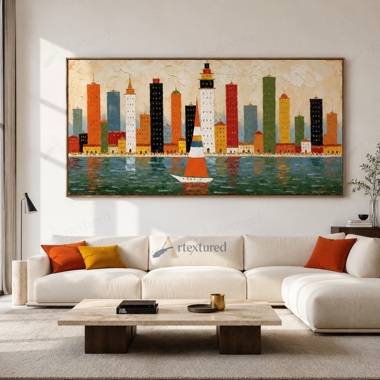 Colorful Skyline Sailboat Wall Art – Hand-Painted Panoramic Canvas#wp261078
