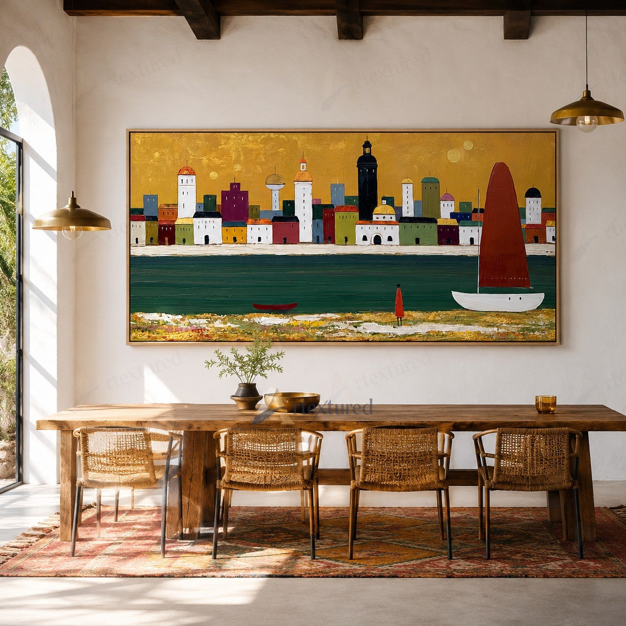 Golden Harbor Sailboat Wall Art – Hand-Painted Panoramic Canvas#wp261081