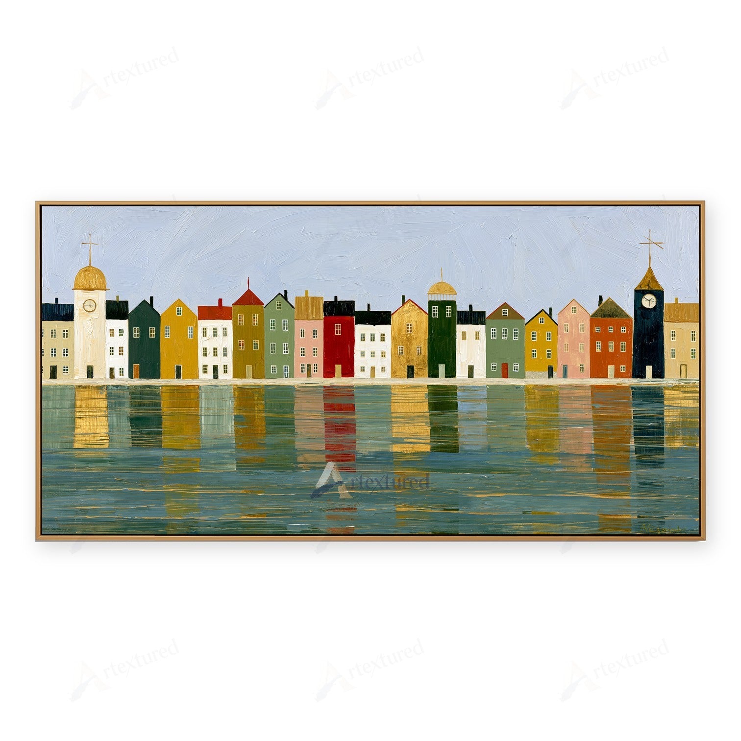 Colorful Waterfront Town Wall Art – Hand-Painted Panoramic Canvas#wp261084