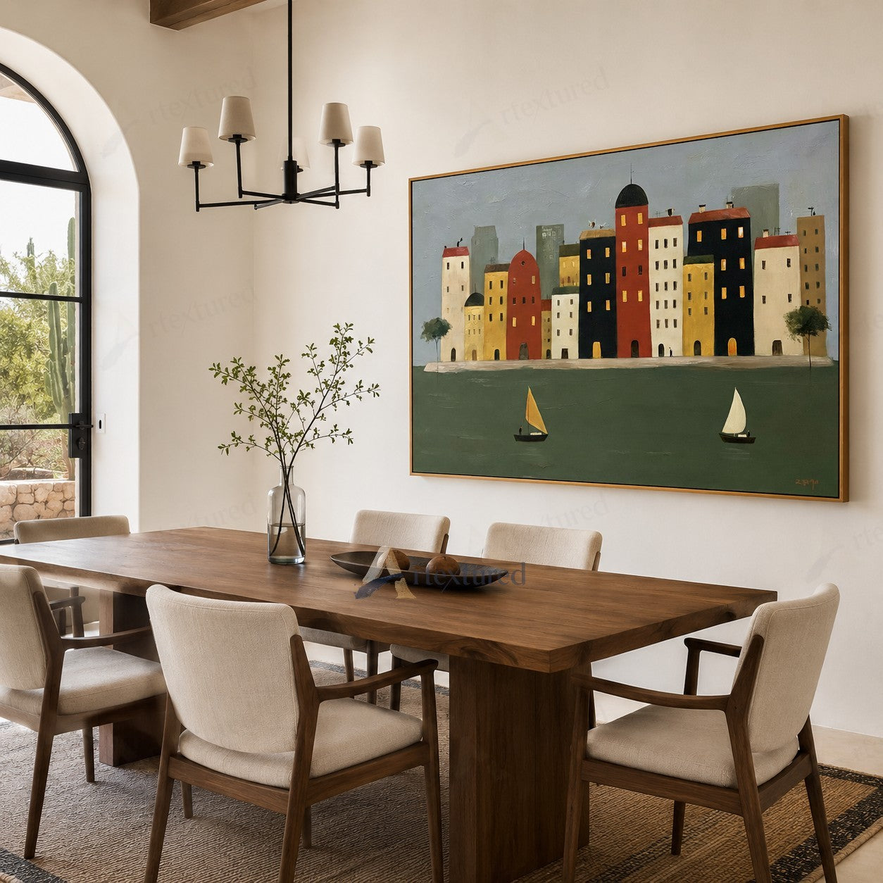 Colorful Waterfront City Wall Art – Hand-Painted Sailboat Canvas#wp261087