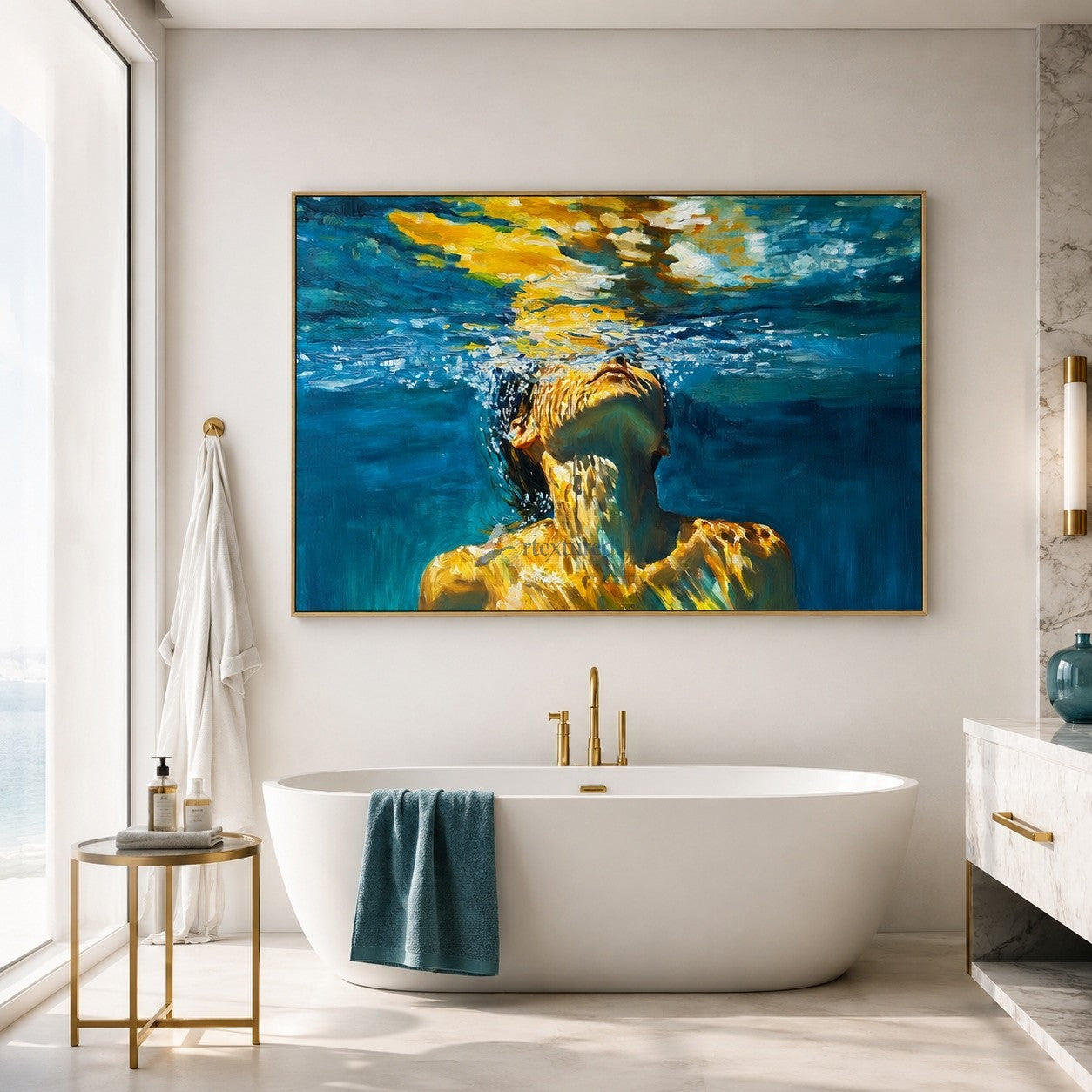 Golden Breath – Underwater Woman Portrait Oil Painting#wp261694