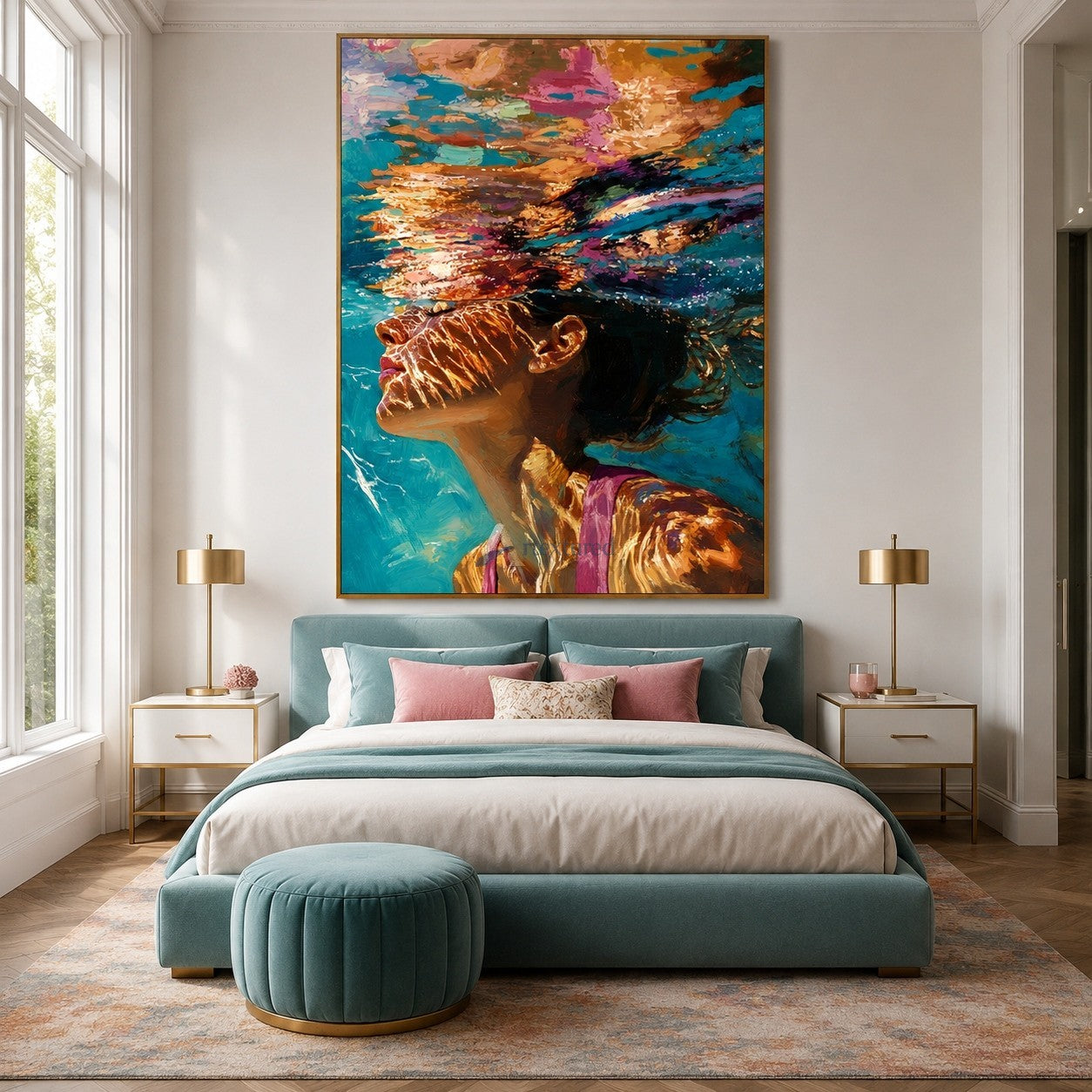 Beneath the Light – Hand-Painted Underwater Woman Oil Painting#wp261695