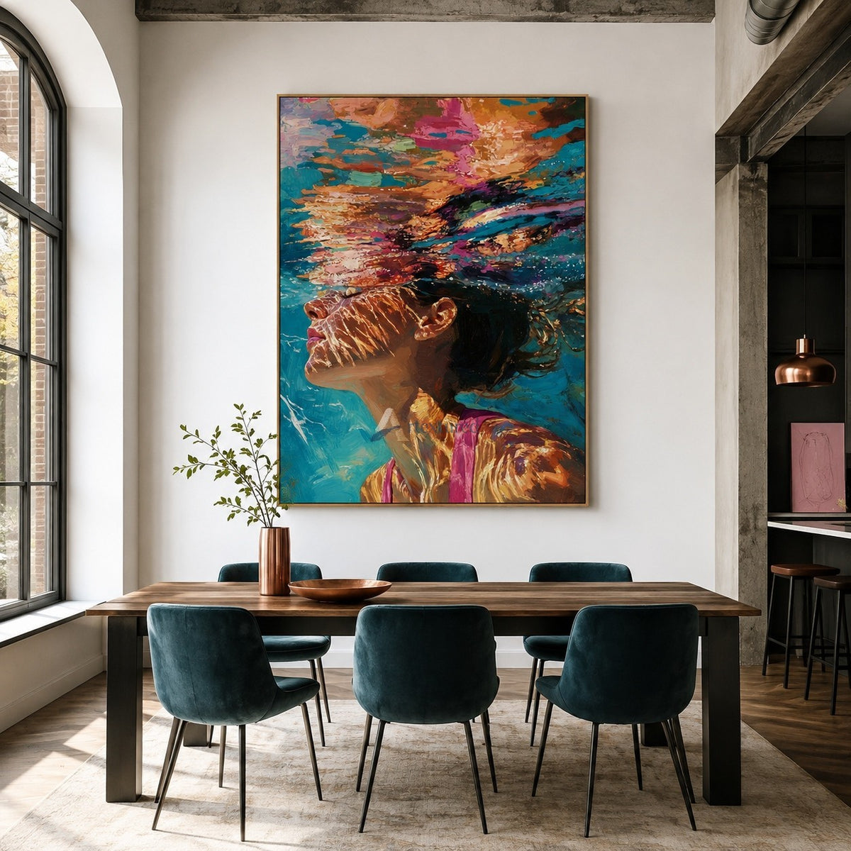 Beneath the Light – Hand-Painted Underwater Woman Oil Painting#wp261695