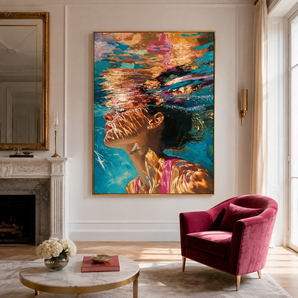 Beneath the Light – Hand-Painted Underwater Woman Oil Painting#wp261695