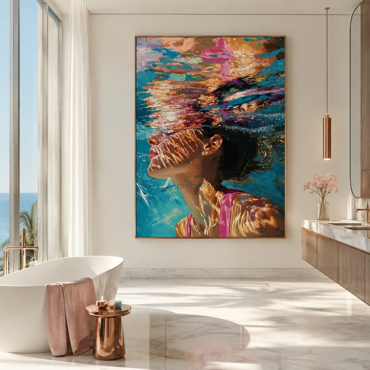 Beneath the Light – Hand-Painted Underwater Woman Oil Painting#wp261695