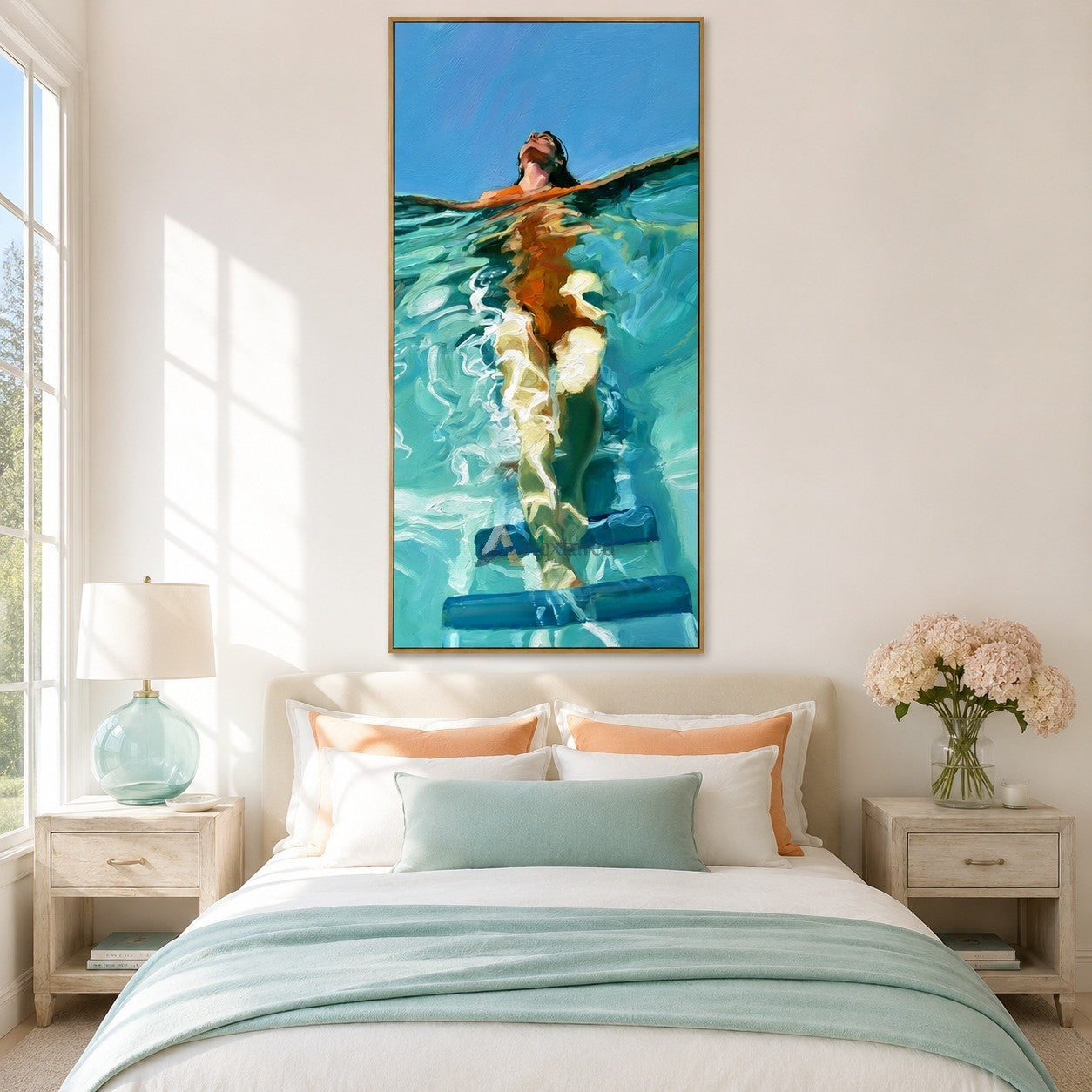 Surface Pause – Hand-Painted Vertical Swimmer Oil Painting#wp261697