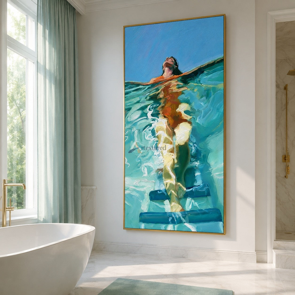 Surface Pause – Hand-Painted Vertical Swimmer Oil Painting#wp261697