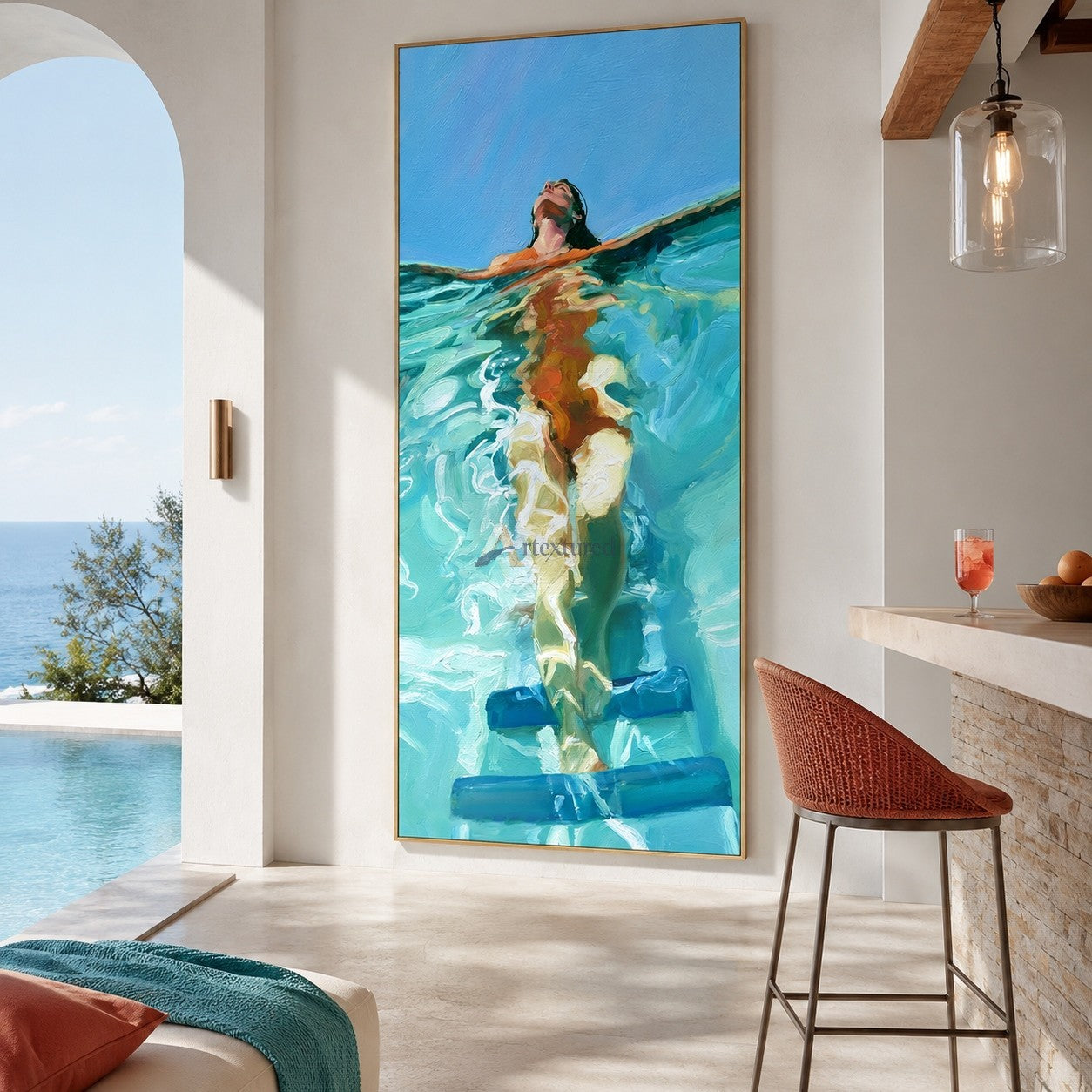 Surface Pause – Hand-Painted Vertical Swimmer Oil Painting#wp261697
