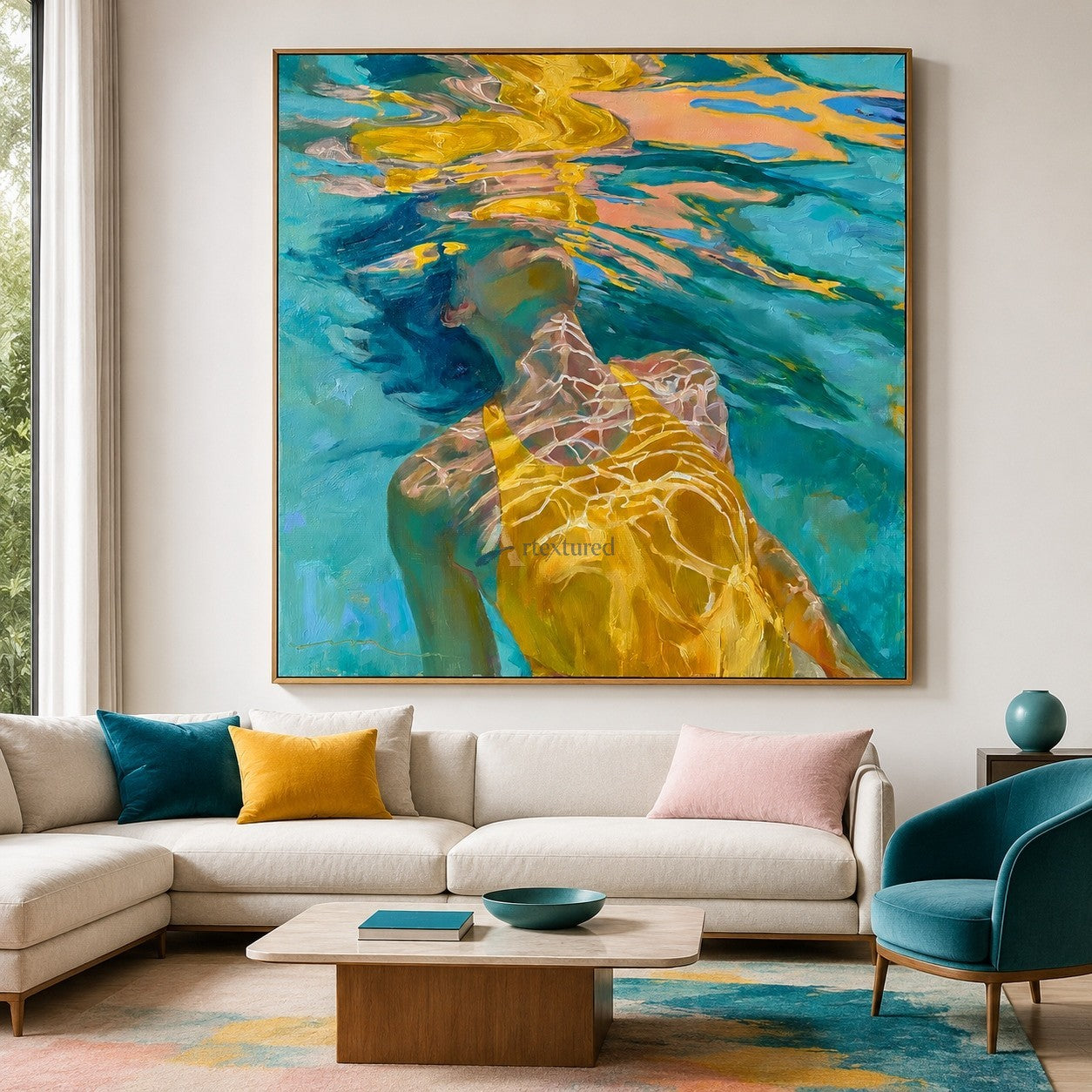 Sunlit Drift – Hand-Painted Underwater Woman Oil Painting#wp261698
