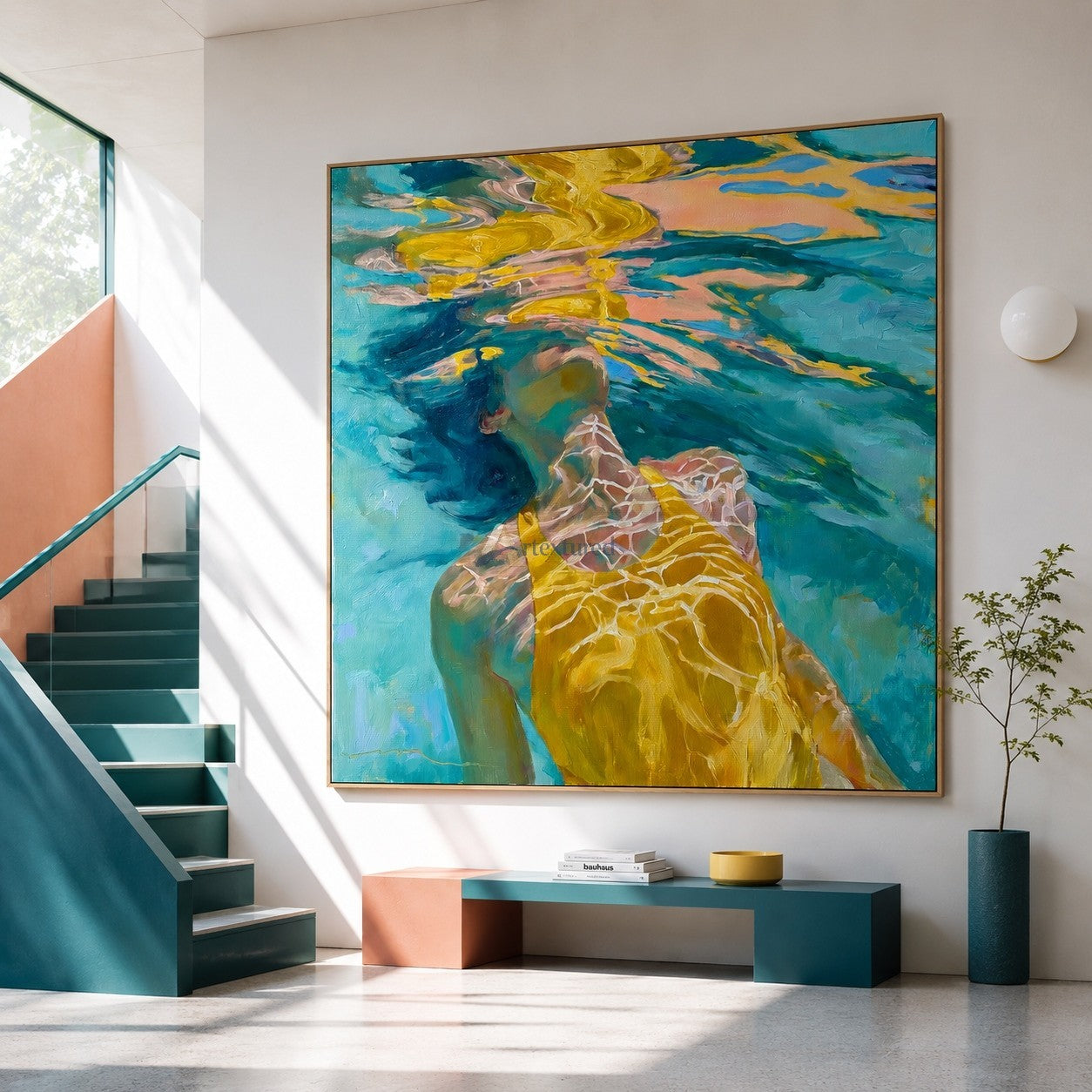 Sunlit Drift – Hand-Painted Underwater Woman Oil Painting#wp261698