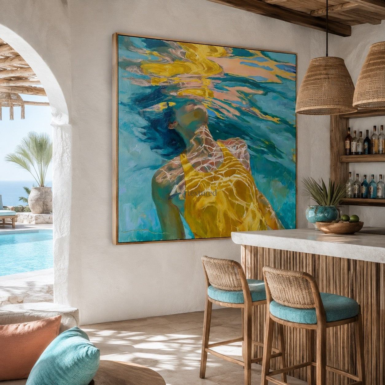 Sunlit Drift – Hand-Painted Underwater Woman Oil Painting#wp261698