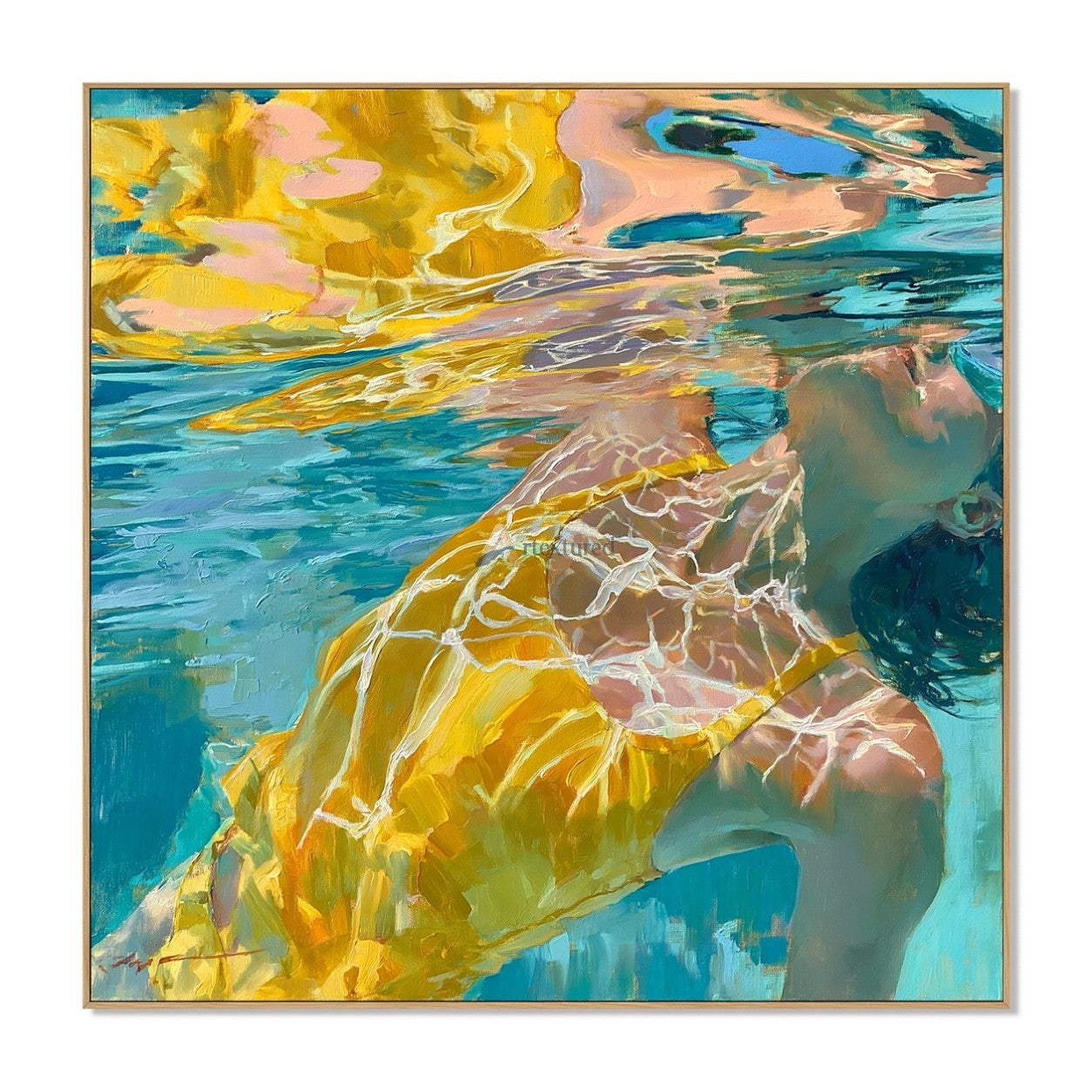 Golden Suspension – Hand-Painted Underwater Woman Oil Painting#wp261699