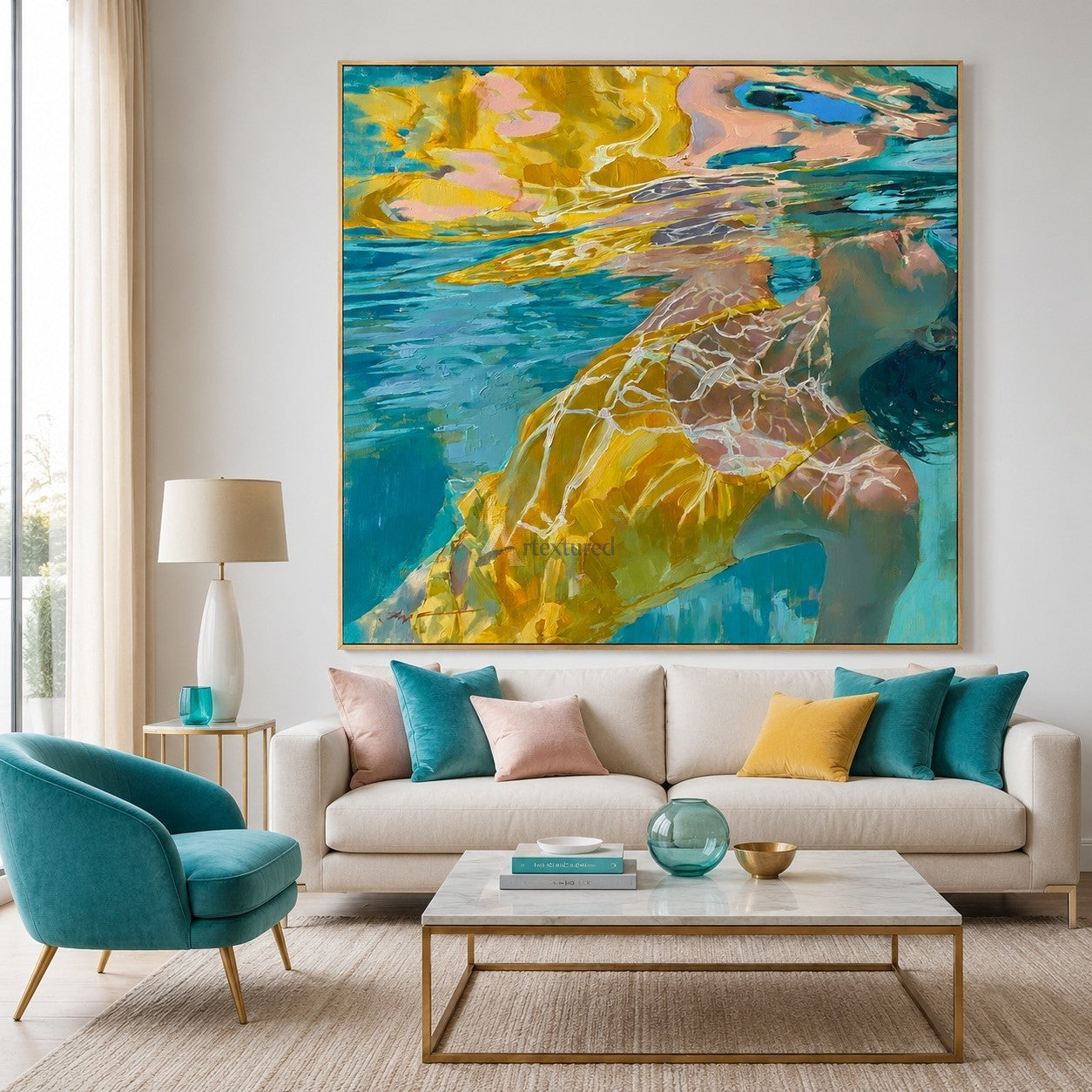 Golden Suspension – Hand-Painted Underwater Woman Oil Painting#wp261699