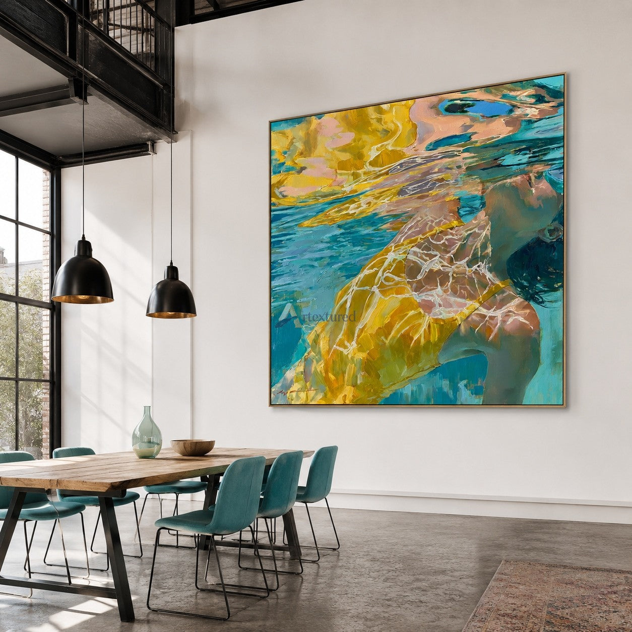 Golden Suspension – Hand-Painted Underwater Woman Oil Painting#wp261699