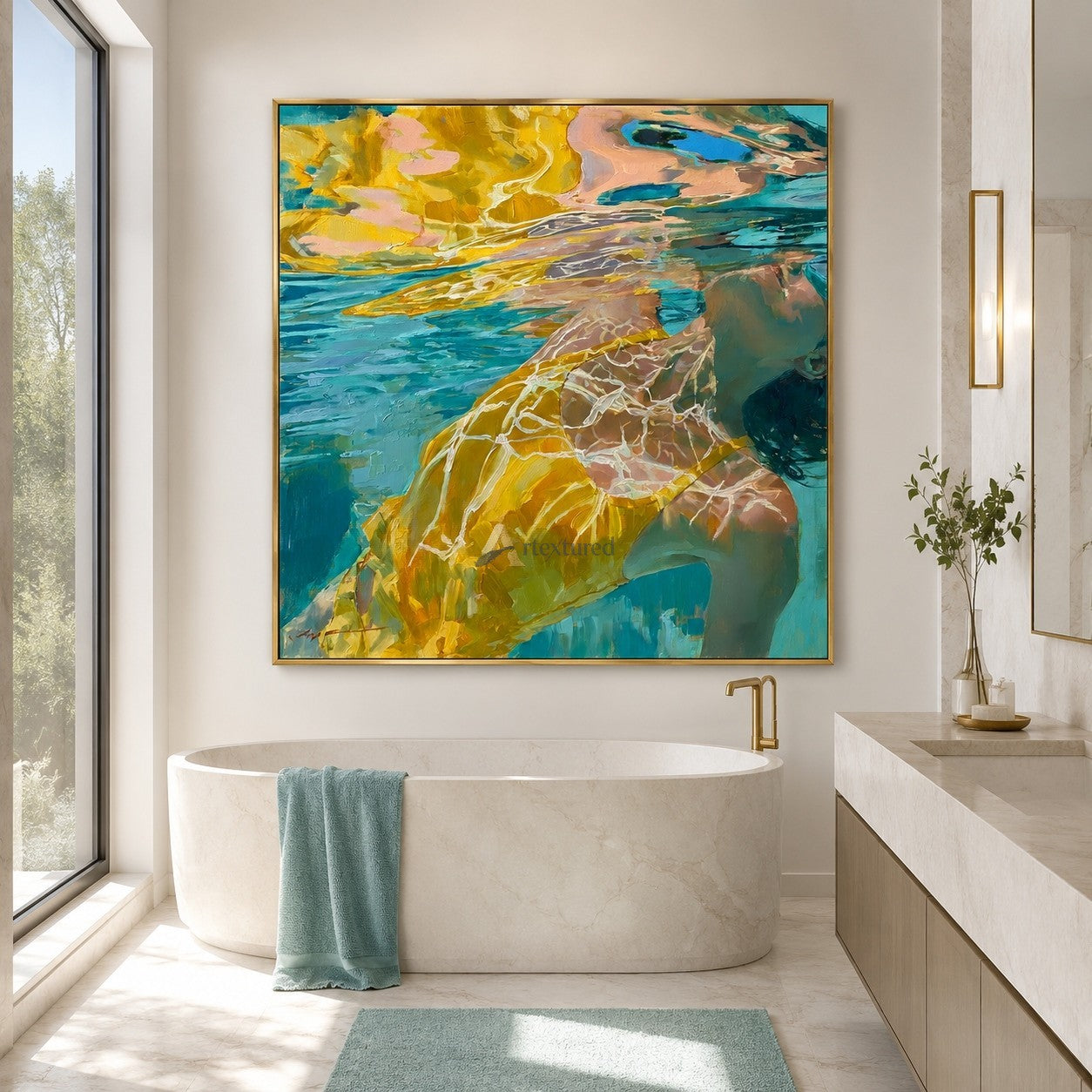 Golden Suspension – Hand-Painted Underwater Woman Oil Painting#wp261699