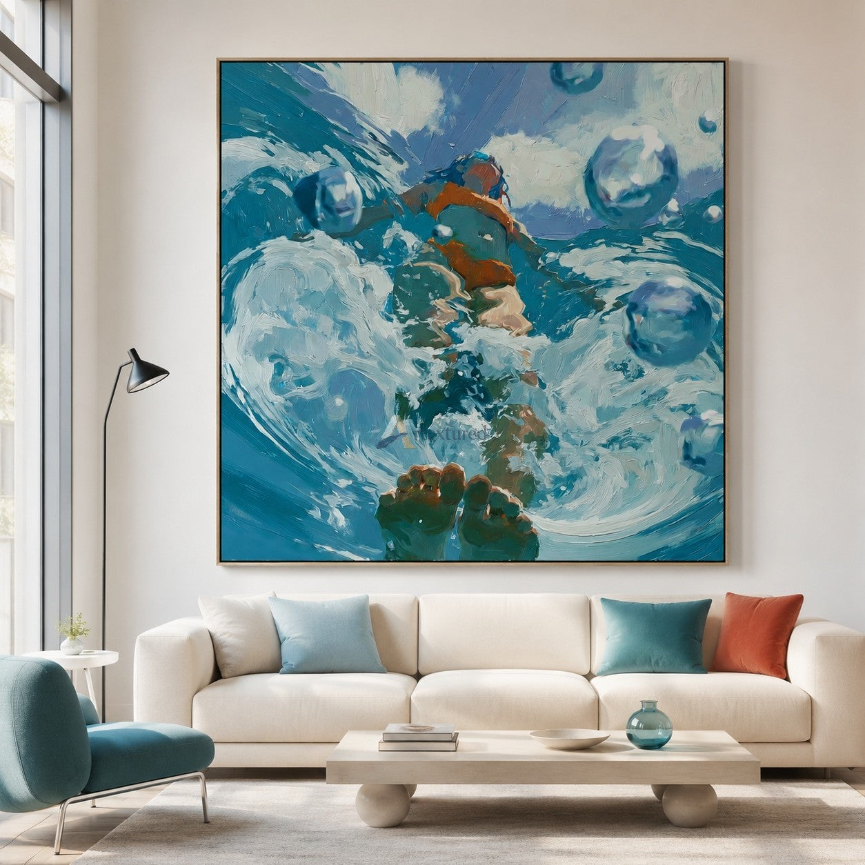 Into the Current – Hand-Painted Underwater Swimmer Oil Painting#wp261700