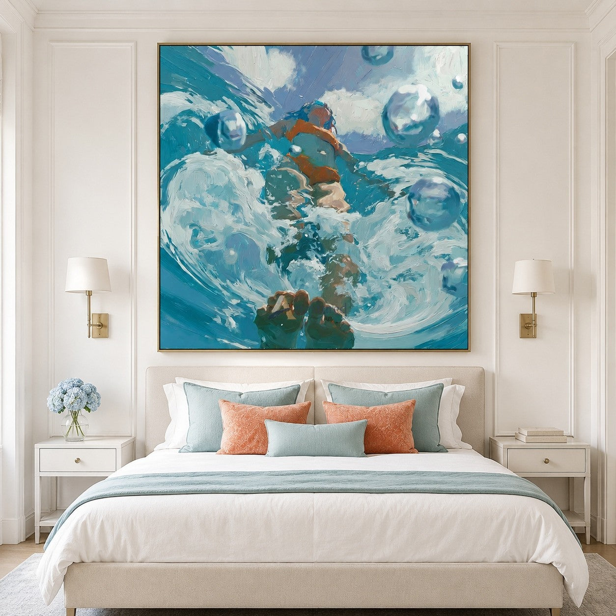 Into the Current – Hand-Painted Underwater Swimmer Oil Painting#wp261700