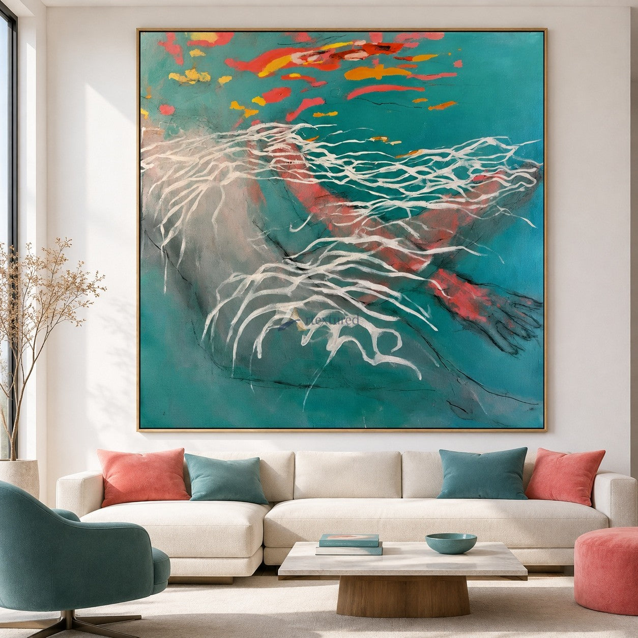Abstract Koi Fish Wall Art in Teal, Coral and Orange#wp261707