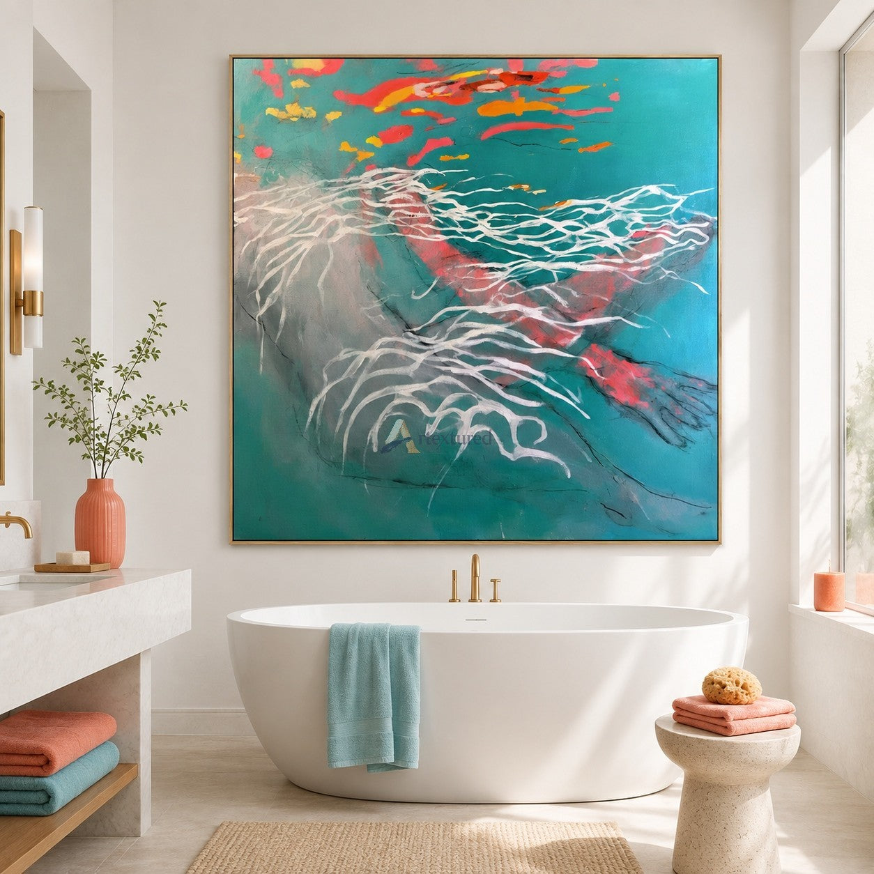 Abstract Koi Fish Wall Art in Teal, Coral and Orange#wp261707