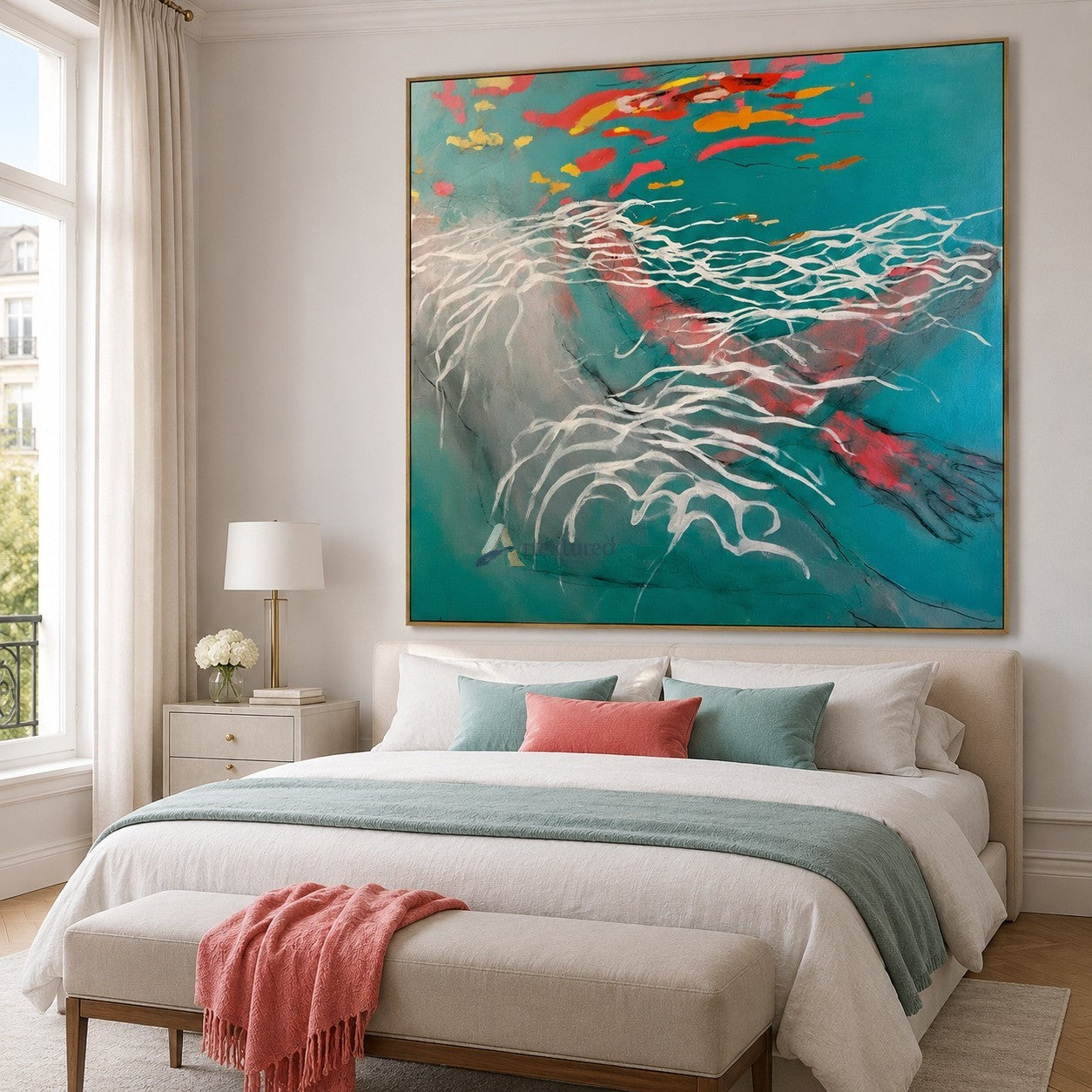 Abstract Koi Fish Wall Art in Teal, Coral and Orange#wp261707