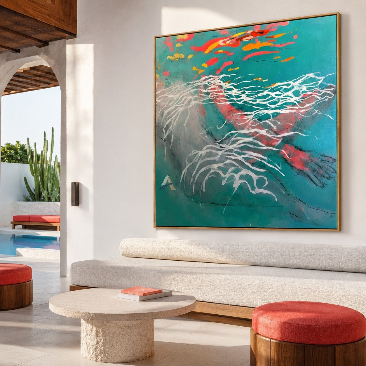 Abstract Koi Fish Wall Art in Teal, Coral and Orange#wp261707