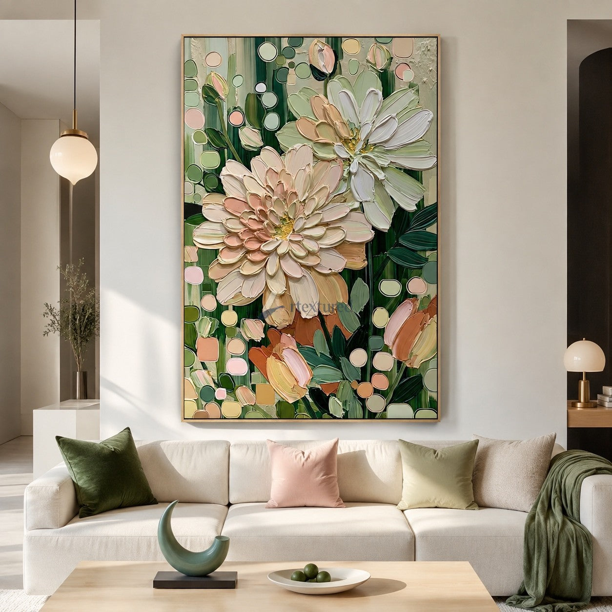 Blush Garden Flowers and Sage Green Textured Wall Art#wp261753