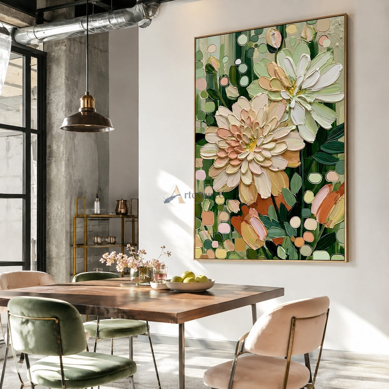 Blush Garden Flowers and Sage Green Textured Wall Art#wp261753