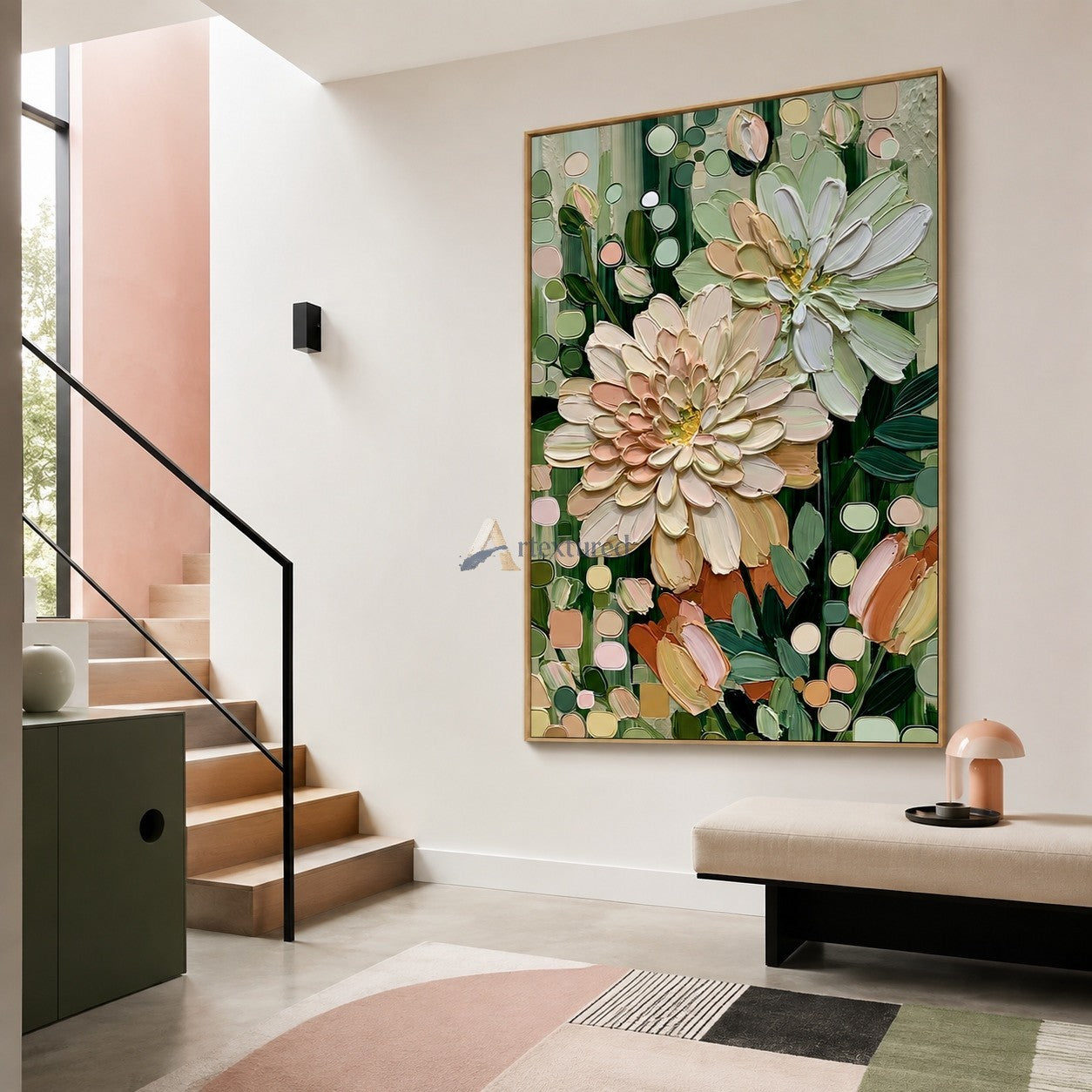 Blush Garden Flowers and Sage Green Textured Wall Art#wp261753