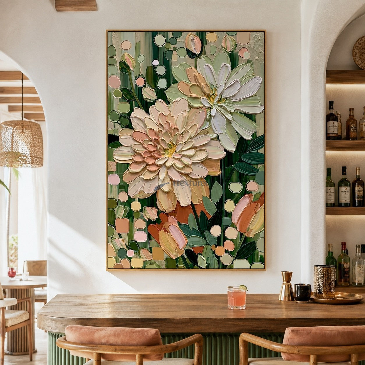 Blush Garden Flowers and Sage Green Textured Wall Art#wp261753