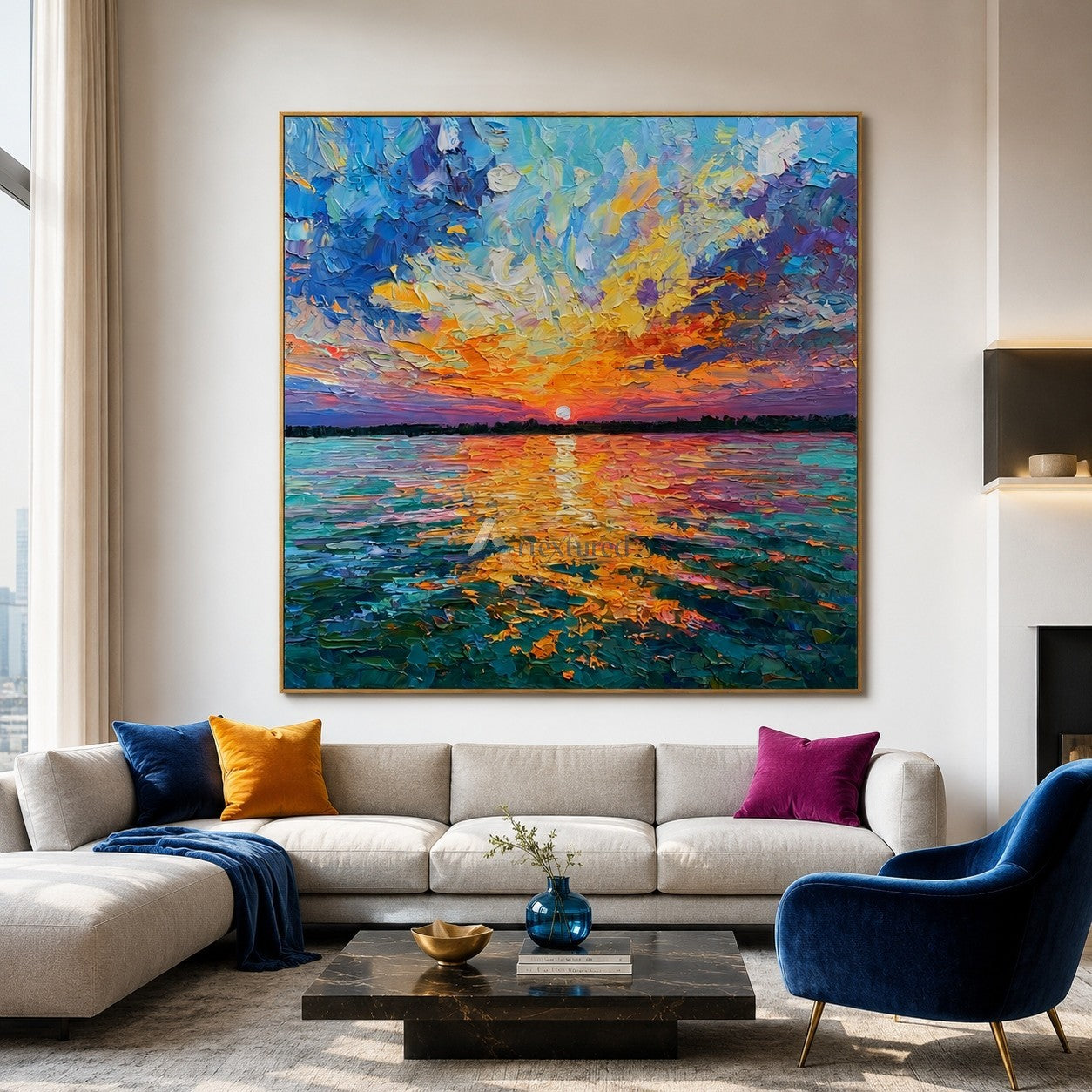 Colorful Sunset Over Water Textured Landscape Wall Art#wp261756