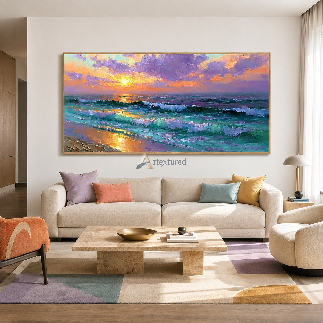Pastel Ocean Sunset and Waves Textured Coastal Wall Art#wp261757