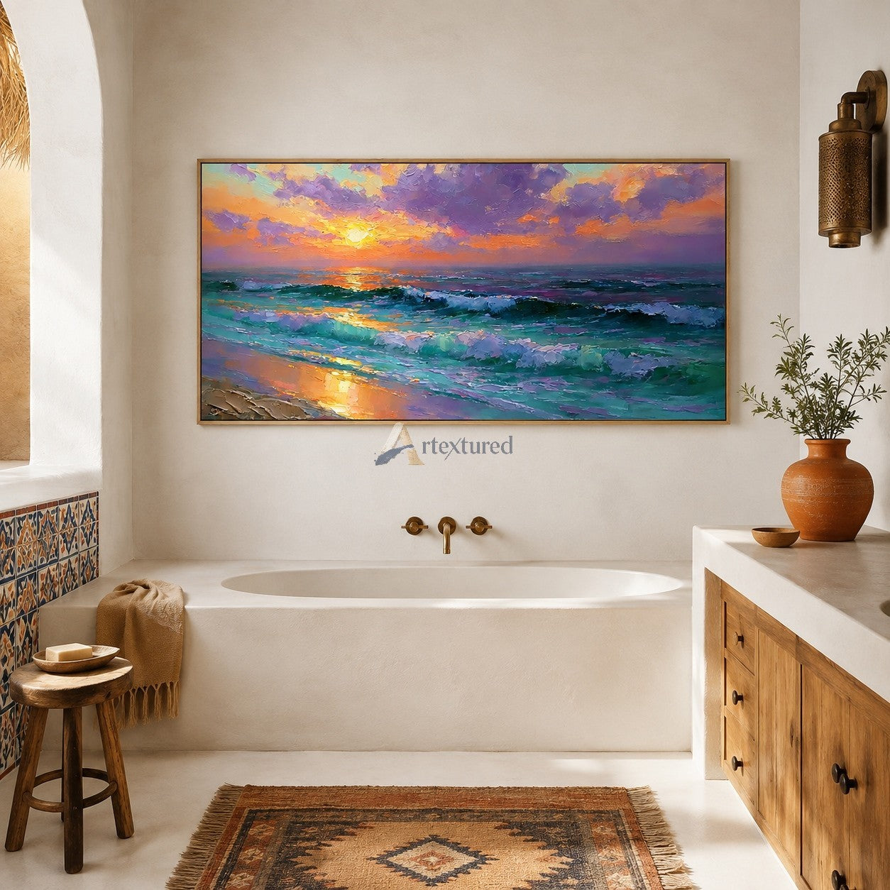 Pastel Ocean Sunset and Waves Textured Coastal Wall Art#wp261757