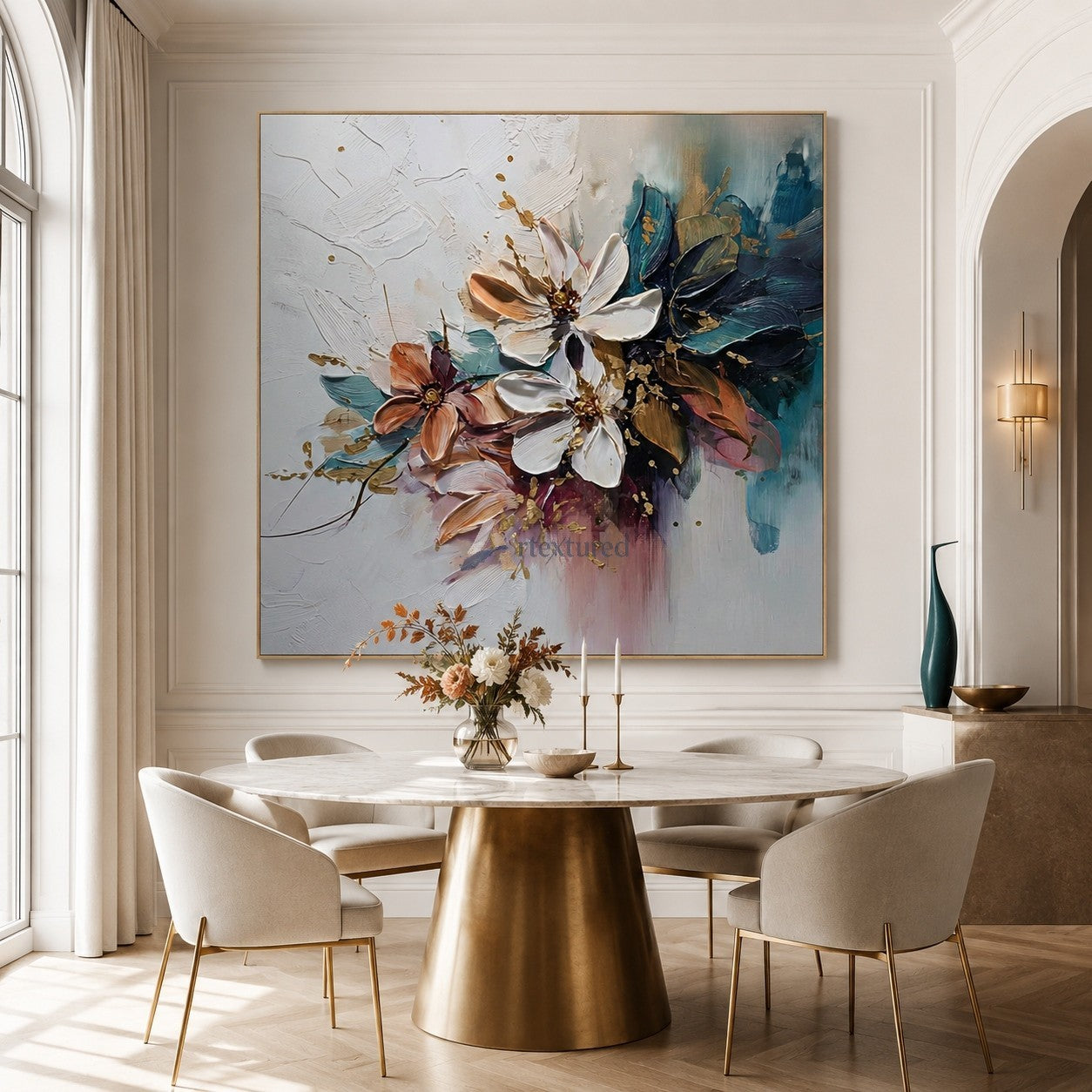 Textured Abstract Floral Canvas Wall Art in Teal, Blush and Gold#wp261759